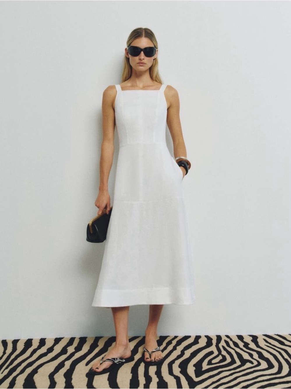 White Square-Neck Linen Blend Midi Dress